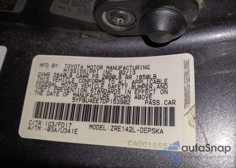 2013 Toyota Corolla S из США, поврежденный, VIN 5YFBU4EE7DP153902